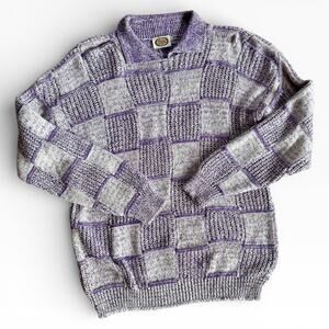 Vintage Picket & Post Sweater Small Purple Checker Knit Pullover Collared Retro